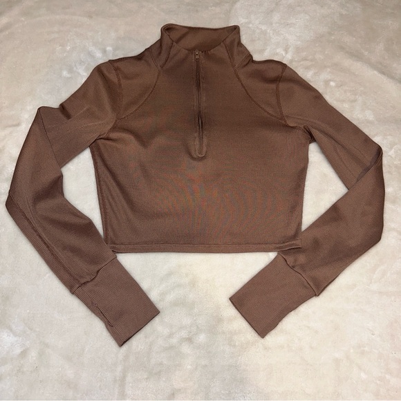 LA + Image Brown Ribbed Half Zip Mock Neck Cropped Long Sleeve Top Size Small - Picture 2 of 9